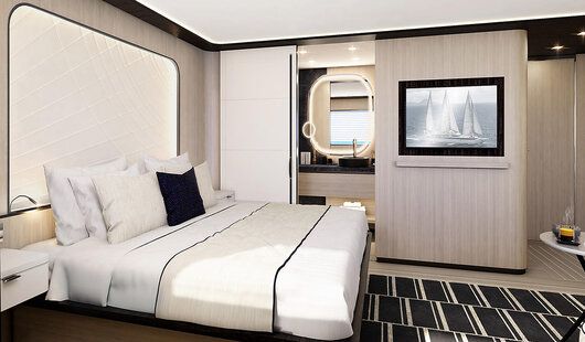 Intérieur d’une cabine grand luxe sur le voilier Le Ponant 